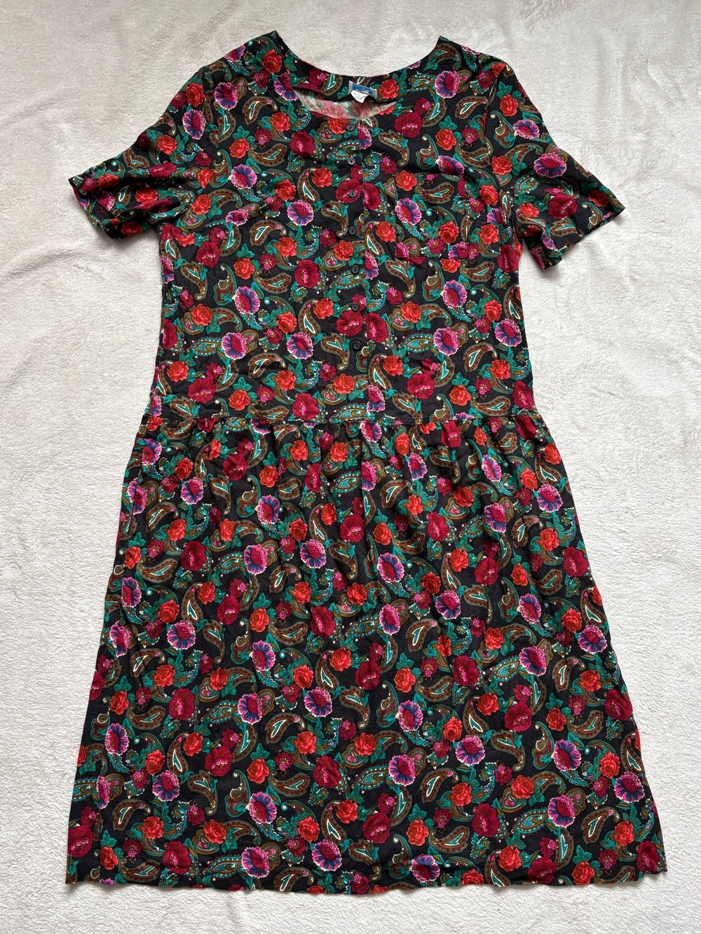 Vintage Black Dress with Red & Teal Floral Paisley Print